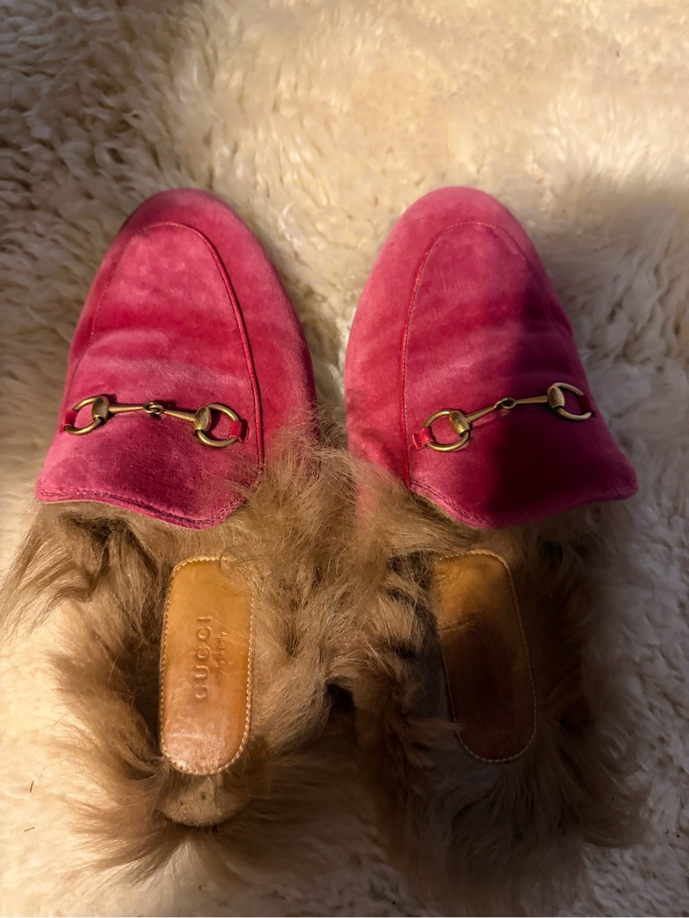Gucci Hot Pink Velvet Fur-Trim Horsebit Mules